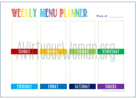 How to Menu Plan for the Week @ AVirtuousWoman.org -------- How menu planning reduces stress, helps you eat healthier, and saves your day! Plus tips and tools to help you in your planning. #menuplanning #busymoms