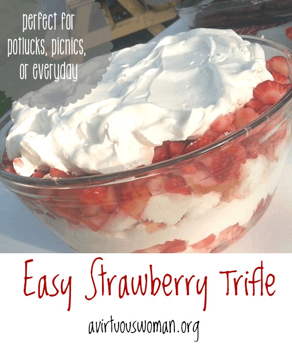 This easy Strawberry Trifle recipe is the perfect go to recipe for summer potlucks, picnics, or any day you need a quick dessert! @ AVirtuousWoman.org