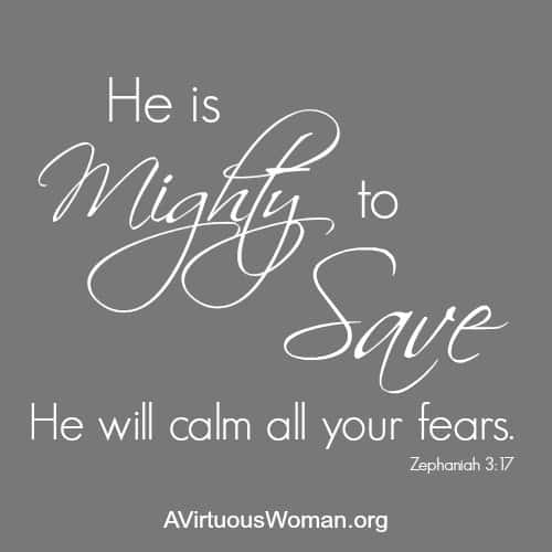 He is mighty to save. He will calm all your fears. Zephaniah 3:17 @ AVirtuousWoman.org