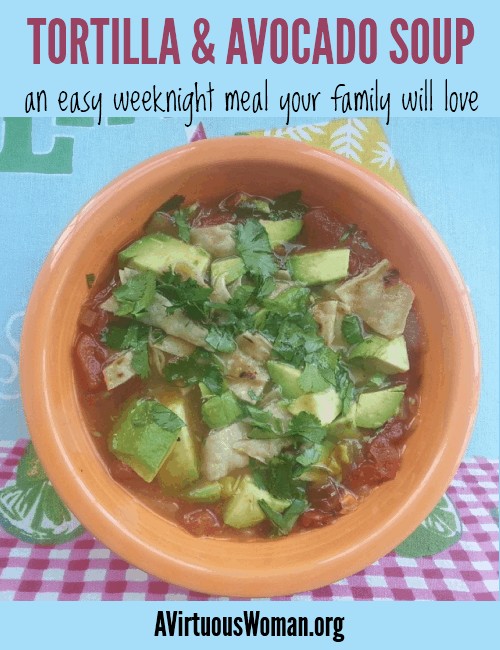 This Tortilla and Avocado Soup is so delicious you won't believe how easy it is to prepare! Perfect for busy weeknights! @ AVirtuousWoman.org #busymoms