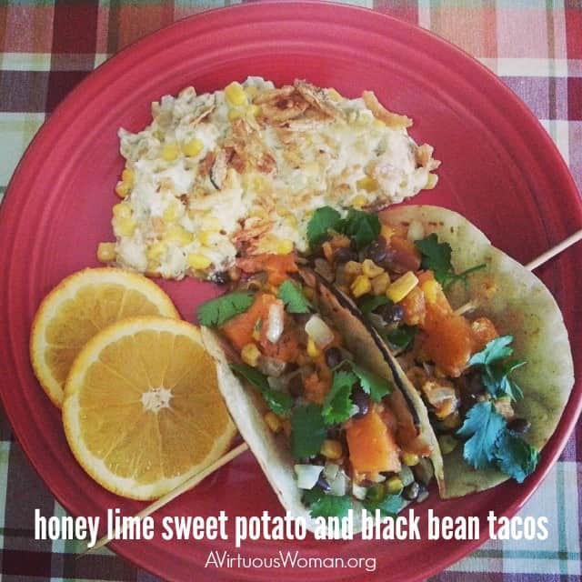 Honey Lime Sweet Potato and Black Bean Tacos @ AVirtuousWoman.org