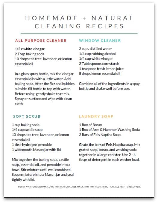 Homemade Natural Cleaners Recipe Cheat Sheet @ AVirtuousWoman.org
