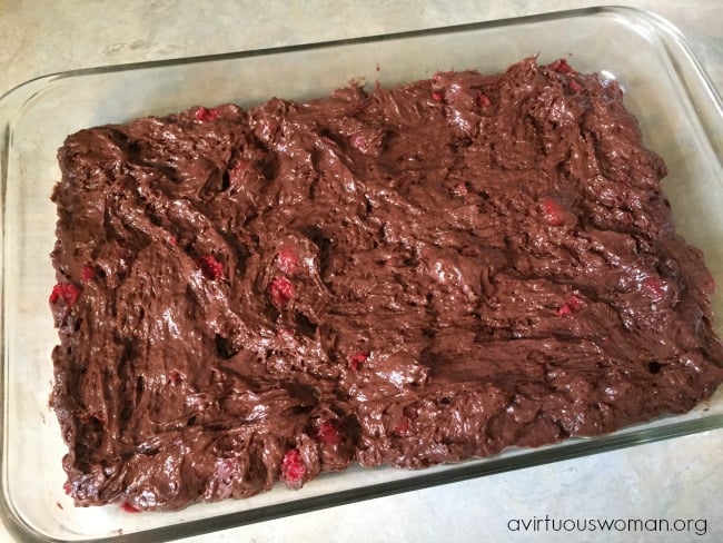 This Cherry Fudge Cake is super quick and easy to pull together. Perfect for potluck, picnics, a party, or even a busy weeknight! @ AVirtuousWoman.org