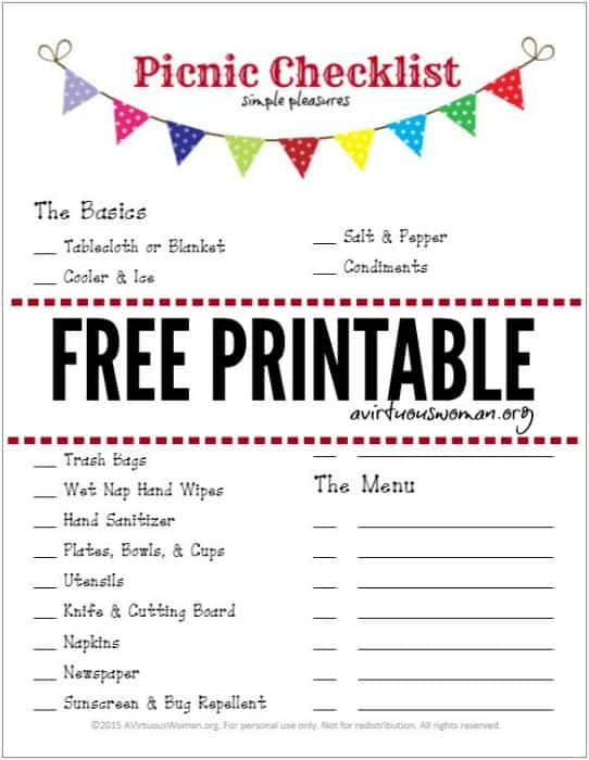 P is for Picnic - Free Printable Checklist @ AVirtuousWoman.org
