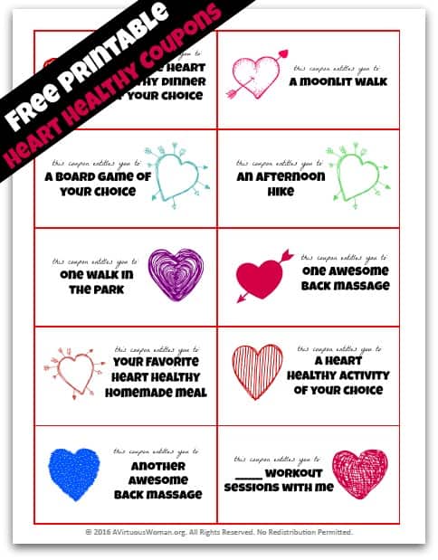 Share a gift of heart health with someone you love with these fun printable coupons! @ AVirtuousWoman.org