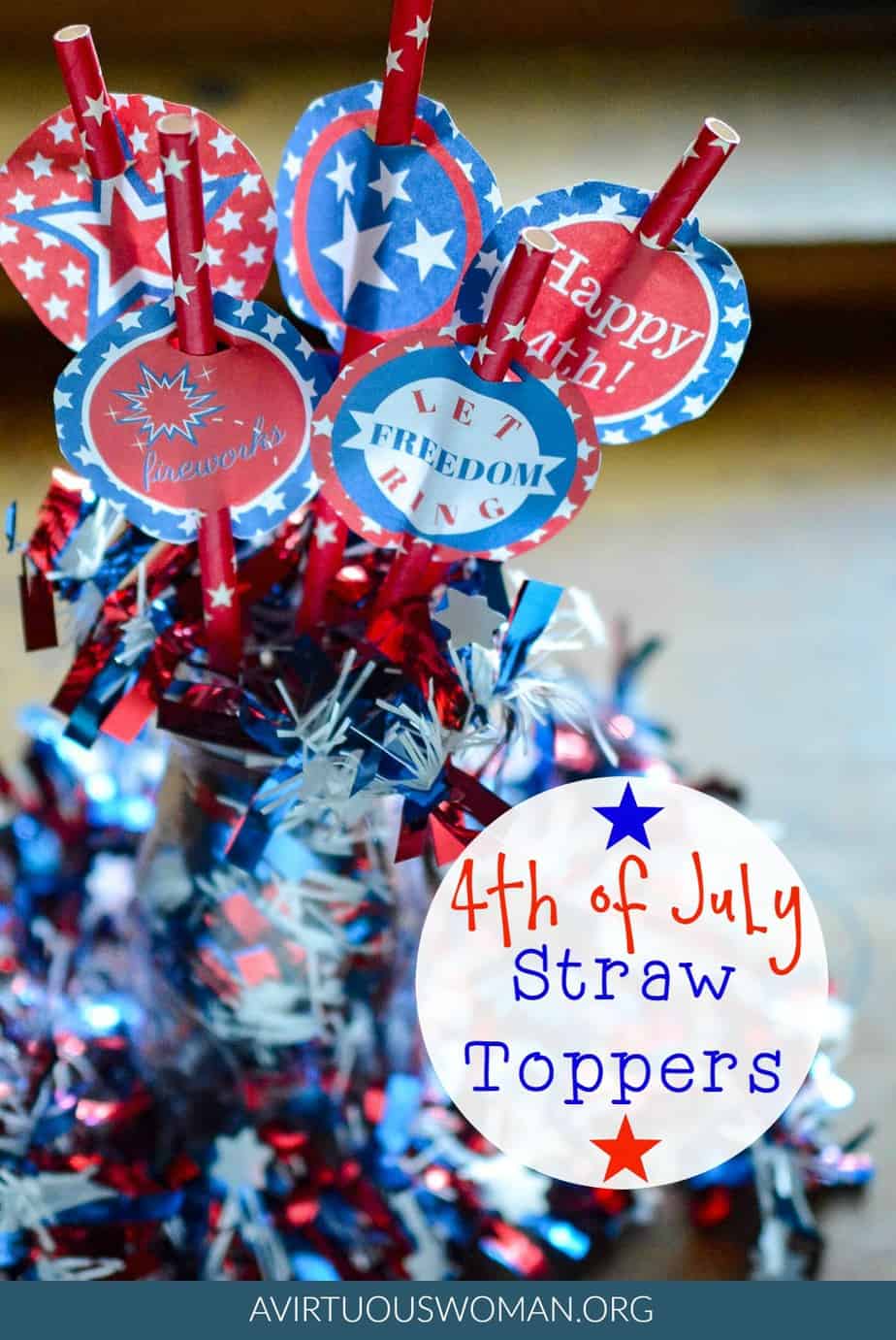 Celebrate Independence Day with these fun Free Printable 4th of July Straw Toppers @ AVirtuousWoman.org