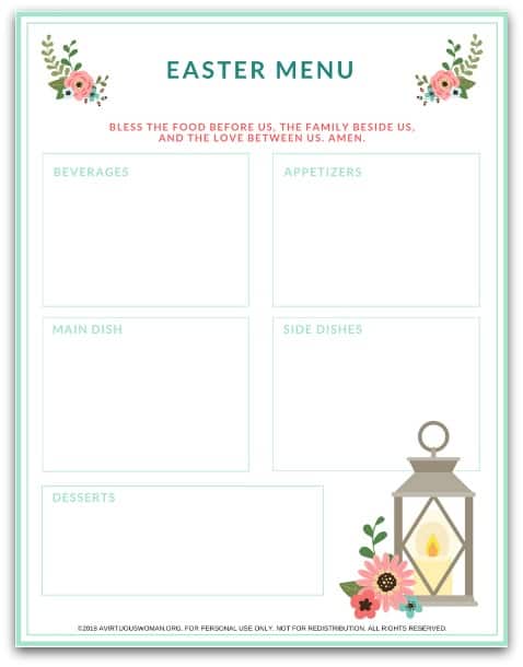Free Printable Easter Menu Planner @ AVirtuousWoman.org