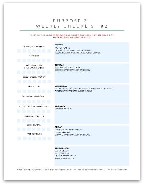 Purpose 31 Weekly Checklist @ AVirtuousWoman.org