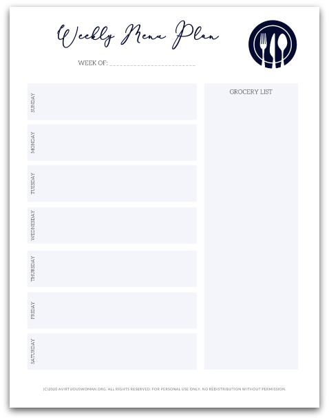 weekly menu template with grocery list